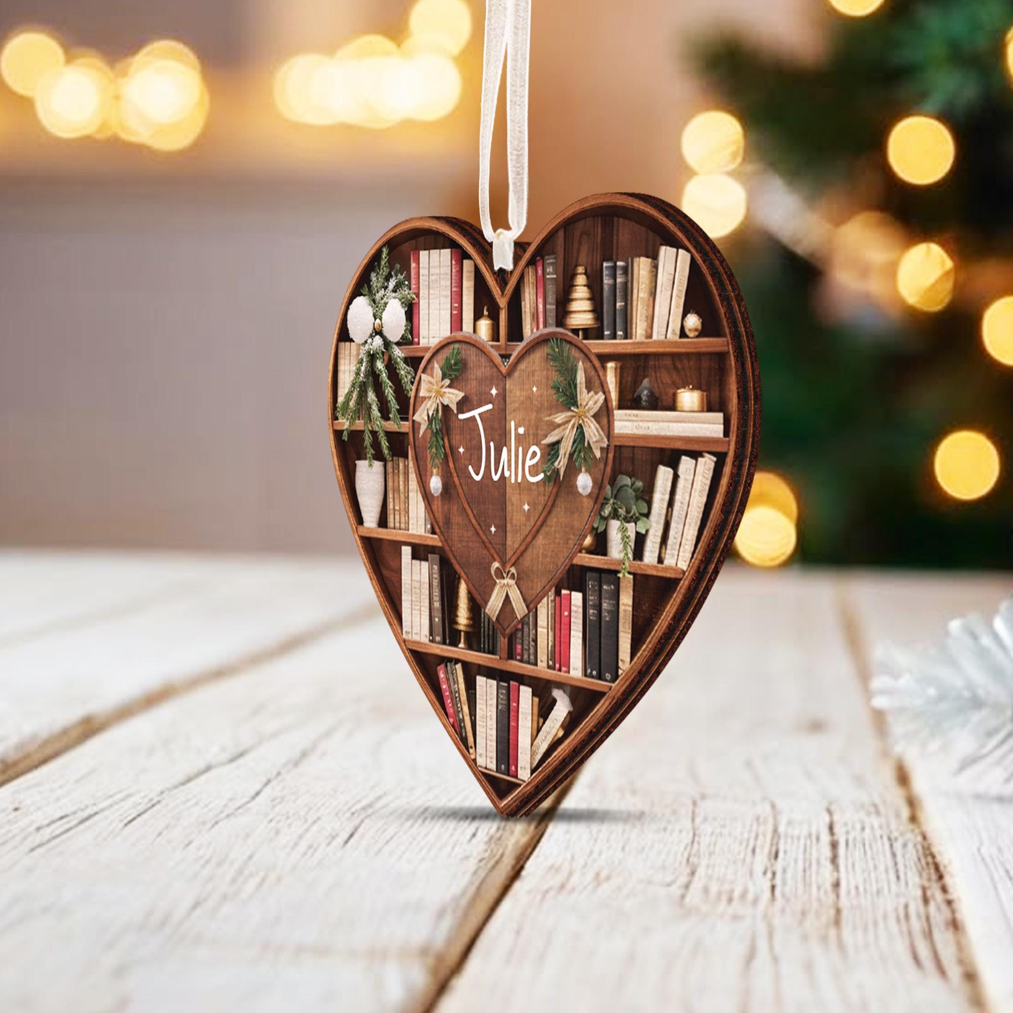 Bookshelf Heart Christmas – Personalized Wood Ornament – Christmas Gift For Book Lovers, Librarian Bookshelf Heart Christmas – Personalized Wood Ornament – Christmas Gift For Book Lovers, Librarian