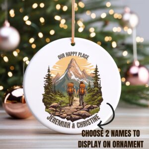 Our Happy Place Hiking – Personalized Circle Ceramic Ornament – Christmas Gift For Hiker, Hiking Lovers