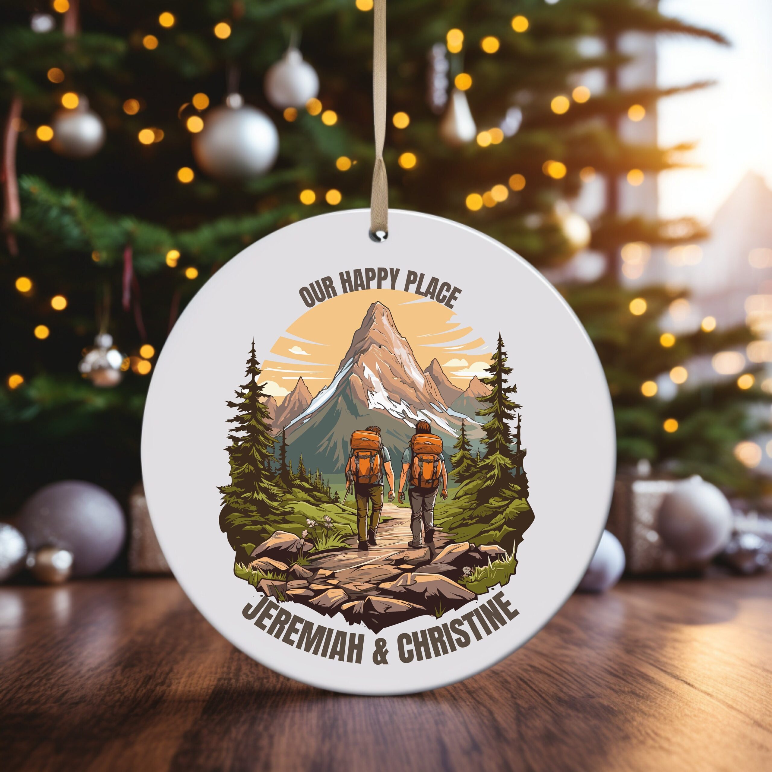 Our Happy Place Hiking – Personalized Circle Ceramic Ornament – Christmas Gift For Hiker, Hiking Lovers Our Happy Place Hiking – Personalized Circle Ceramic Ornament – Christmas Gift For Hiker, Hiking Lovers