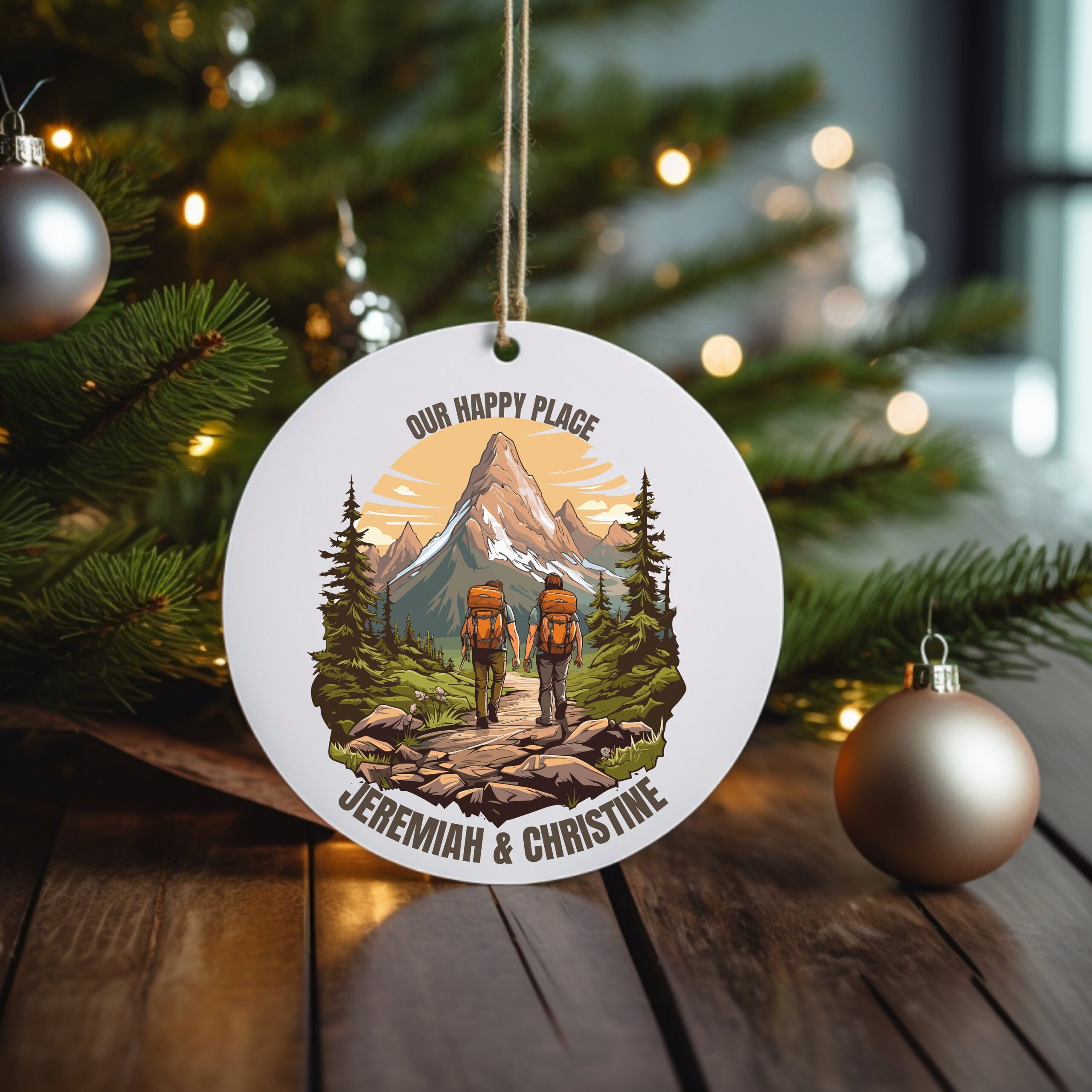 Our Happy Place Hiking – Personalized Circle Ceramic Ornament – Christmas Gift For Hiker, Hiking Lovers Our Happy Place Hiking – Personalized Circle Ceramic Ornament – Christmas Gift For Hiker, Hiking Lovers