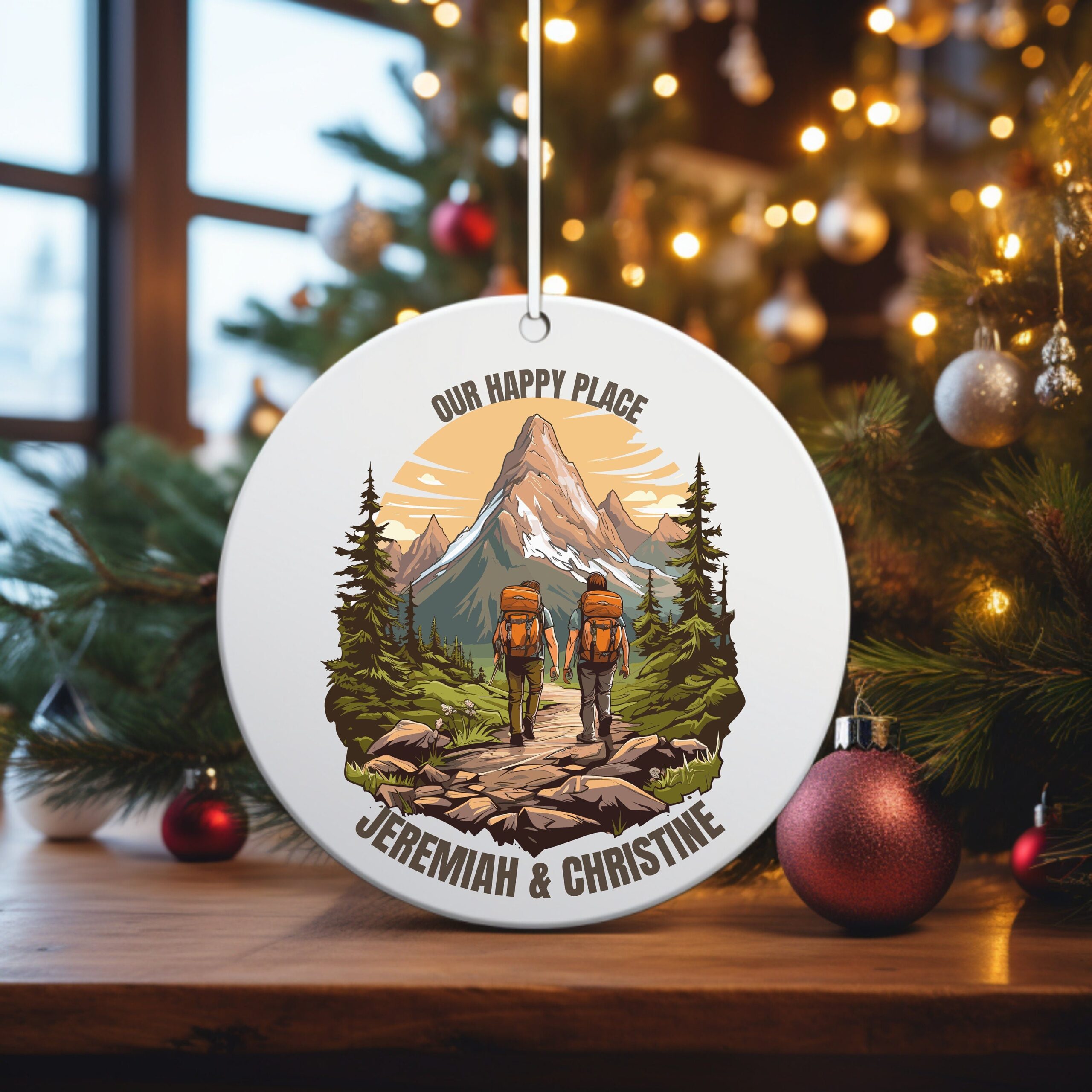 Our Happy Place Hiking – Personalized Circle Ceramic Ornament – Christmas Gift For Hiker, Hiking Lovers Our Happy Place Hiking – Personalized Circle Ceramic Ornament – Christmas Gift For Hiker, Hiking Lovers