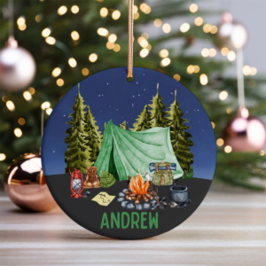 Camping Tent Christmas Ornament – Personalized Circle Ceramic Ornament – Christmas Gift For Camping Lovers