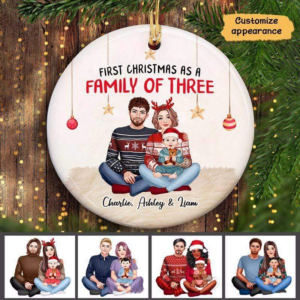First Christmas As A Family Parents & Baby – Personalized Circle Ceramic Ornament – Babies 1st Christmas Gifts