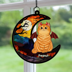 Halloween Cat On Moon – Personalized Window Hanging Suncatcher Ornament – Gift For Cat Mom, Cat Dad, Cat Lovers
