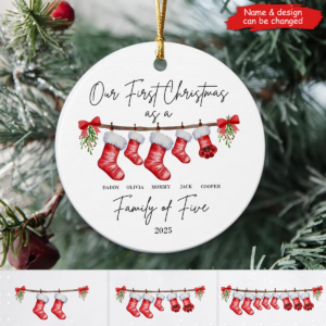 First Christmas as a Family Of Five With Pet – Personalized Ceramic Ornament – Babies First Christmas Gifts