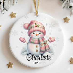 Pink Snowman Christmas – Personalized Ceramic Ornament – Christmas Gift for Daughter, Granddaughter