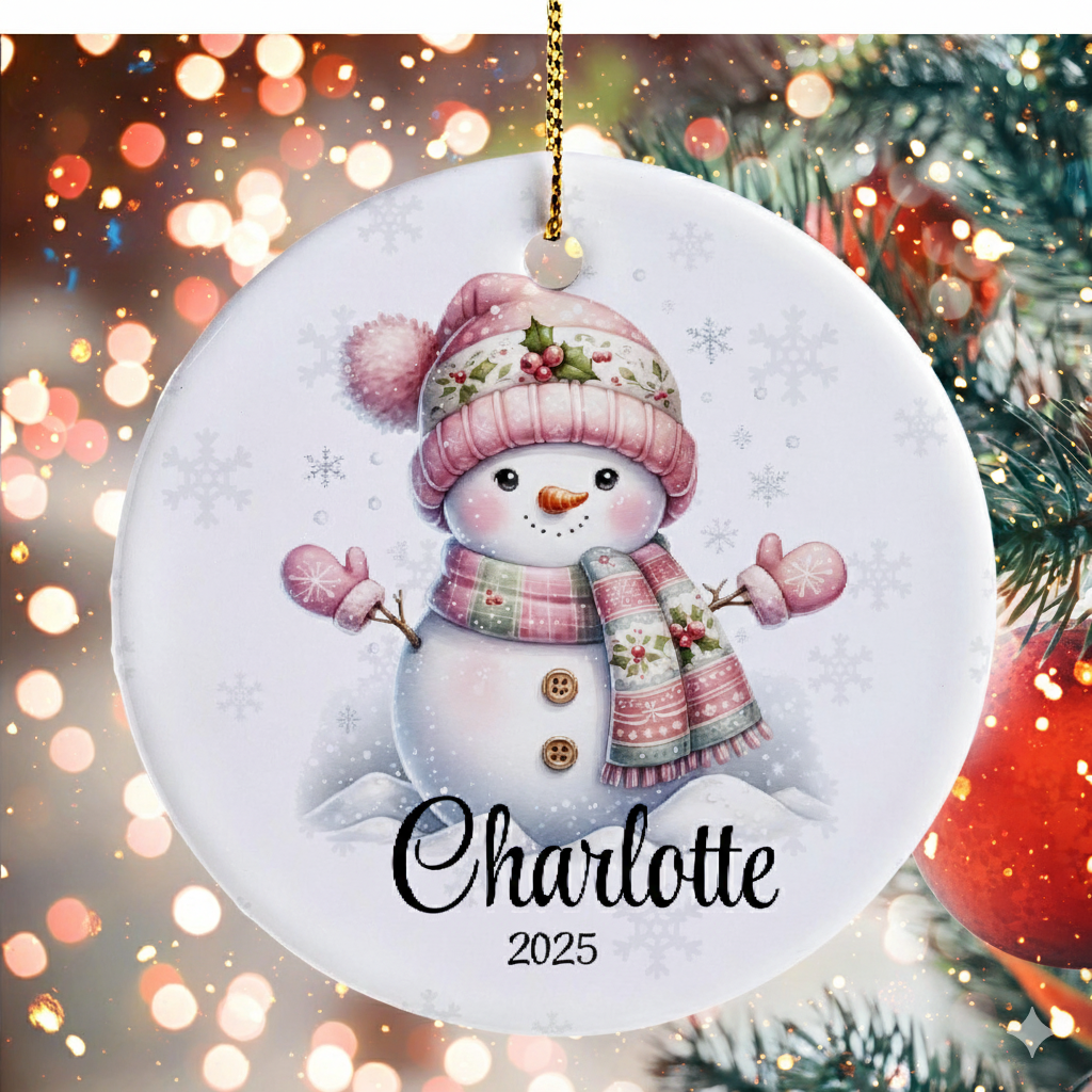 Pink Snowman Christmas – Personalized Ceramic Ornament – Christmas Gift for Daughter, Granddaughter Pink Snowman Christmas – Personalized Ceramic Ornament – Christmas Gift for Daughter, Granddaughter