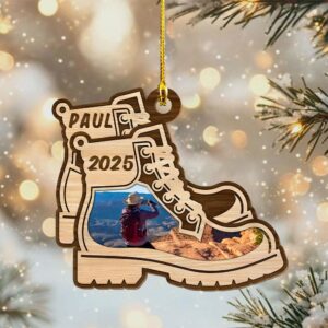 Custom Photo Hiking Boots Christmas – Personalized Wood Ornament – Christmas Gift for Men Women, Hiking Lovers, Hiker Christmas Gift, Travel Gift