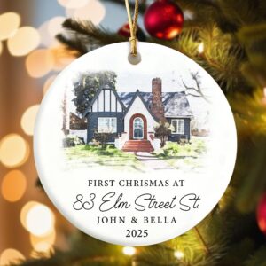 Custom Photo Watercolor New Home – Personalized Circle Ceramic Ornament – Christmas Gift For Family, Housewarming Gift