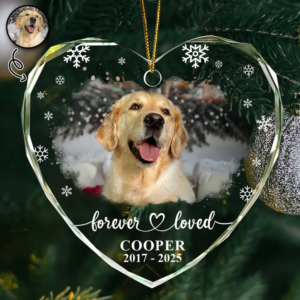 Custom Photo Forever Loved Memorial Dog Cat – Personalized Heart Shaped Glass Ornament – Sympathy Gift For Pet Owners, Pet Lovers