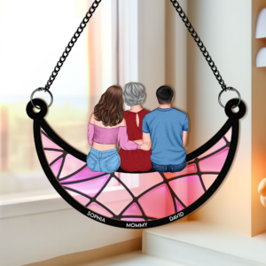 Mom, Children Sitting On The Moon – Personalized Window Hanging Suncatcher Ornament – Gift For Mom, Mama, Mommy, Mother