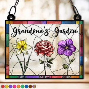 Grandma’s Garden Full Of Colors Birth Flower Grandkids – Personalized Window Hanging Suncatcher Ornament – Gift For Mom, Mama, Mommy, Grandma
