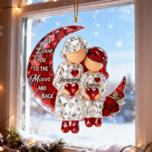 3D Crystal Effect Grandma Grandpa Grandkid Sitting on Moon – Personalized Custom Shaped Acrylic Ornament – Christmas Gift for Grandma, Grandpa, Grandkids