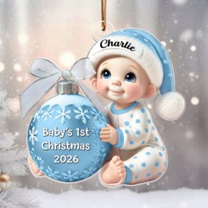 Baby Holding Christmas Bauble 3D Effect – Personalized Custom Shaped Acrylic Ornament – Newborn Gifts, Babies 1st Christmas Gifts