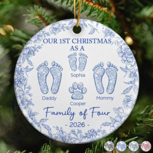 First Christmas As A Family Of Four Toile Footprints – Personalized Circle Ceramic Ornament – Babies First Christmas Gifts