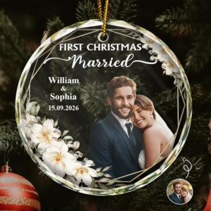 Custom Photo First Christmas Married – Personalized Circle Glass Ornament – Christmas Gift For Her/Him, Husband/Wife, Couples