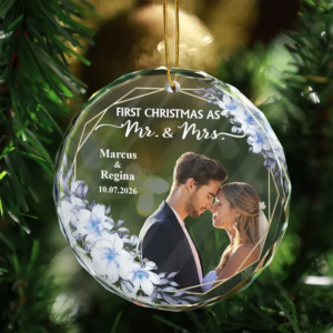 Custom Photo First Christmas Married - Personalized Circle Glass Ornament - Christmas Gift For Her/Him, Husband/Wife, Couples 2 CustomPhotoFirstChristmasMarried3.png