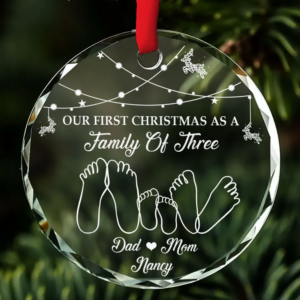 First Christmas As A Family Of Three – Personalized Circle Glass Ornament – Babies 1st Christmas Gifts, New Parents, New Mom, New Dad