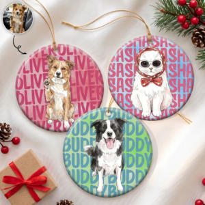 Custom Photo Watercolor Pet Lovers Christmas – Personalized Circle Ceramic Ornament – Christmas Gift for Dog Lovers, Cat Lovers, Pet Lovers