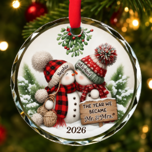 Our 1st Married Christmas Mr Mrs – Personalized Circle Glass Ornament – Christmas Gift For Her/Him, Husband/Wife, Couples, Newlywed Wedding Gift