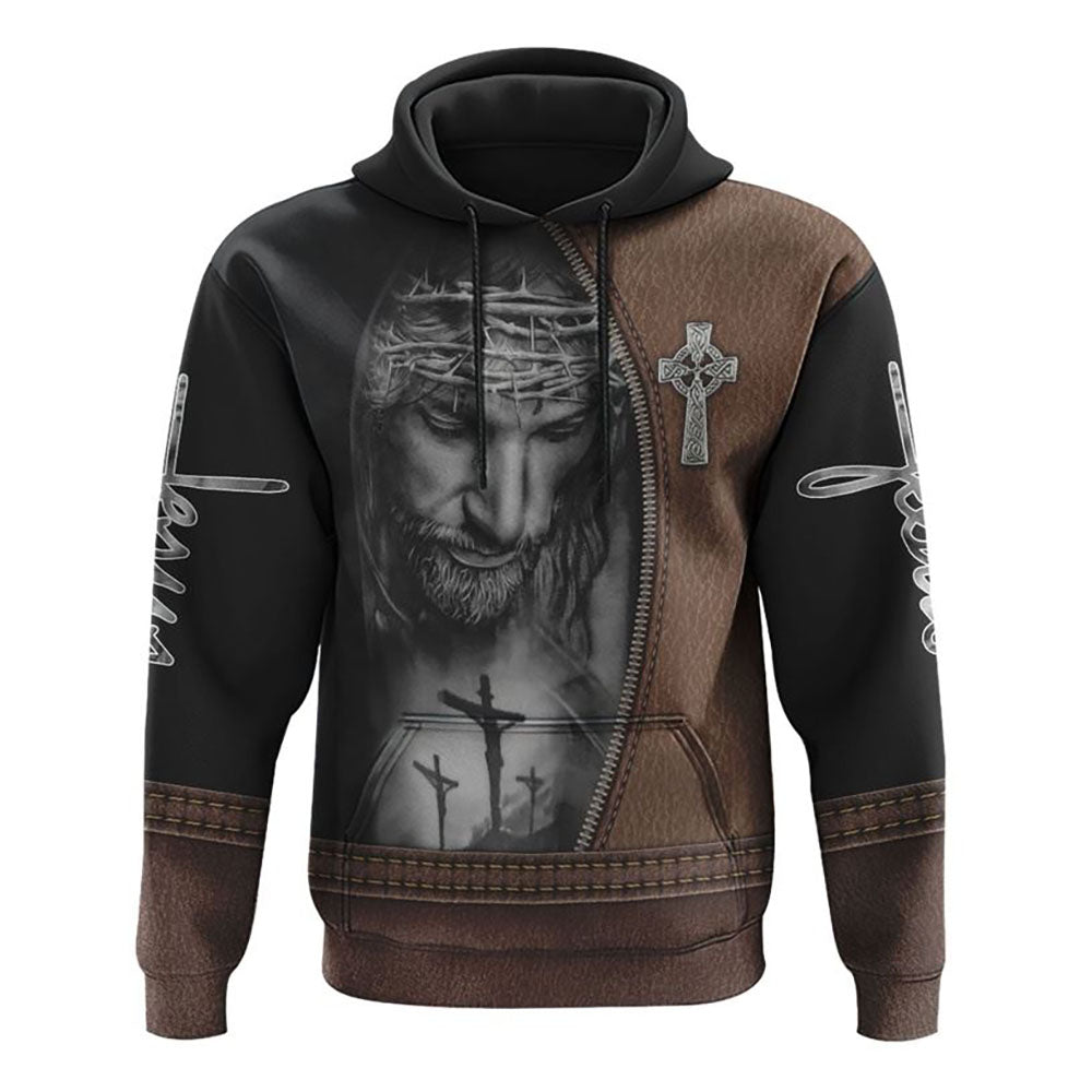 Faith Over Fear Jesus Cross Leather All Over Print 3D Hoodie, Christian Hoodie, Christian Sweatshirt, Bible Verse Shirt