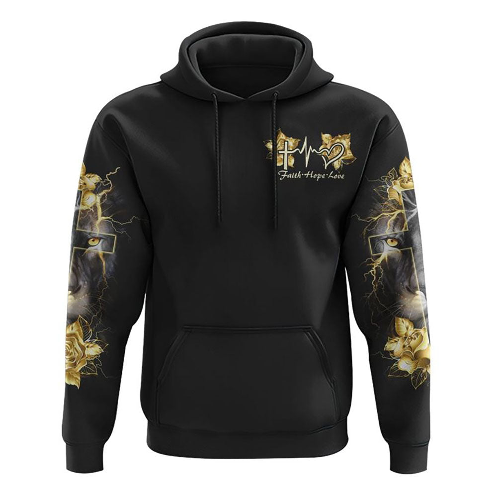 Lion Gold Rose Cross All Over Print 3D Hoodie, Christian Hoodie, Christian Sweatshirt, Bible Verse Shirt