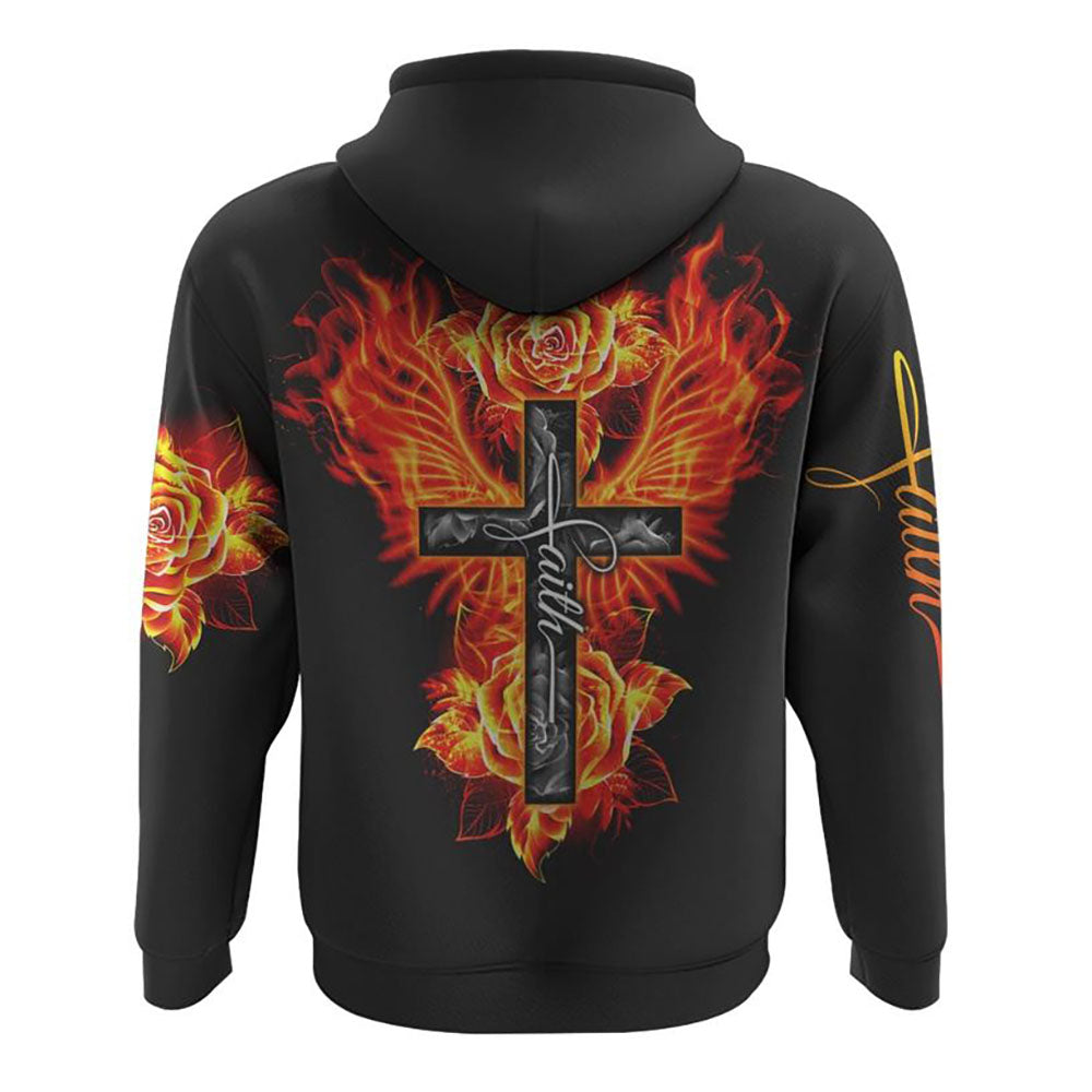 Fire Rose Wings Cross Faith All Over Print 3D Hoodie, Christian Hoodie, Christian Sweatshirt, Bible Verse Shirt