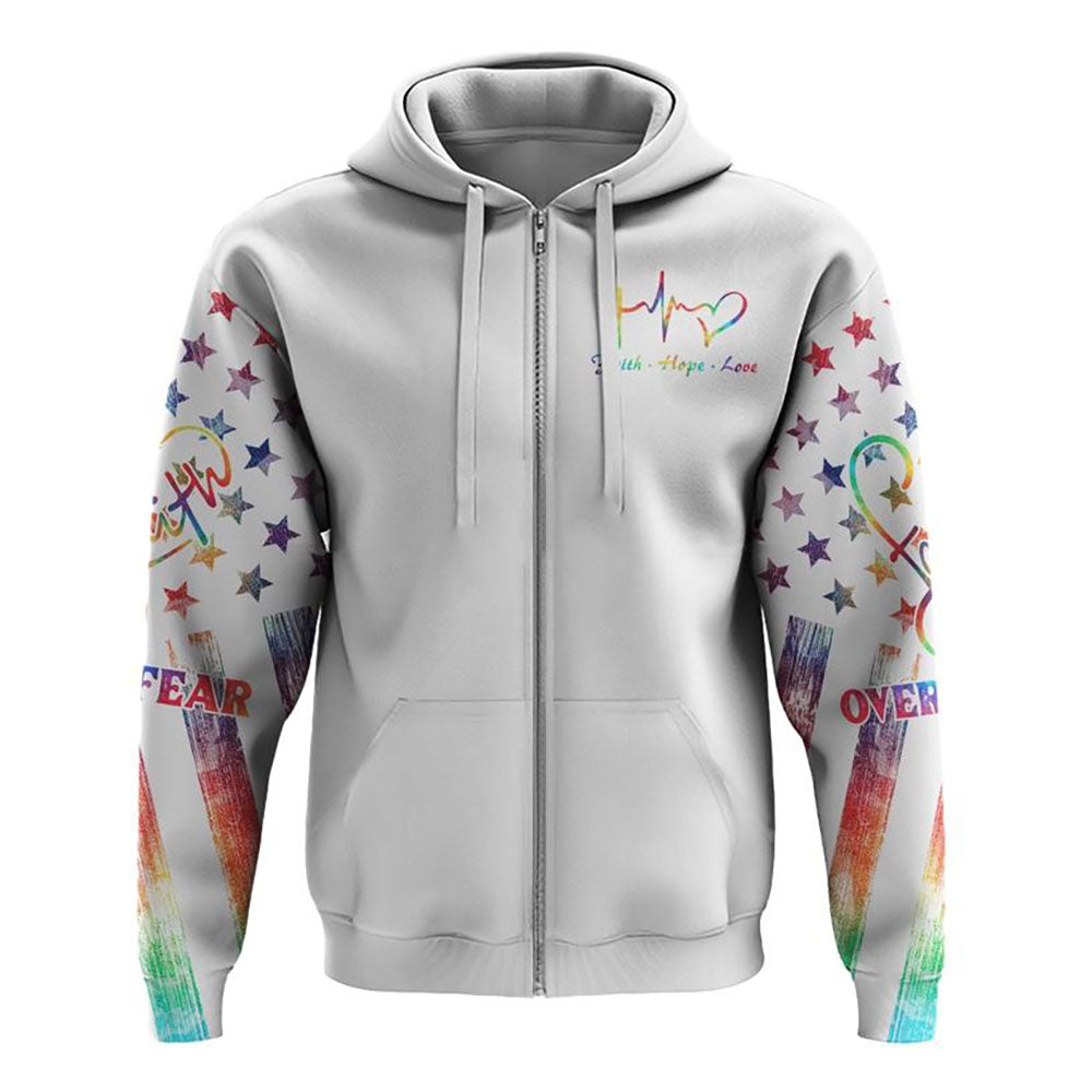 Faith Over Fear Jesus Colorful White All Over Print 3D Hoodie, Christian Hoodie, Christian Sweatshirt, Bible Verse Shirt