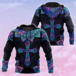 Pink Blue Hologram Mandala Cross God 3D Hoodie For Man And Women, Jesus Printed 3D Hoodie