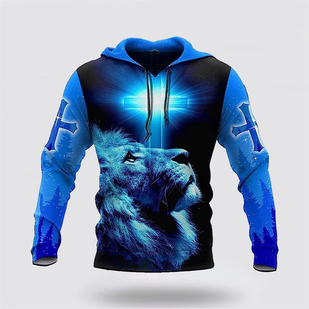 The King Lion Cross Light Blue 3D Hoodies For Women Men, God 3D Printed Hoodie, Christian Apparel Hoodies The King Lion Cross Light Blue 3D Hoodies For Women Men, God 3D Printed Hoodie, Christian Apparel Hoodies