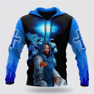 The Cross And The Praying Lion Jesus Focus On Me 3D Hoodies For Women Men, God 3D Printed Hoodie, Christian Apparel Hoodies