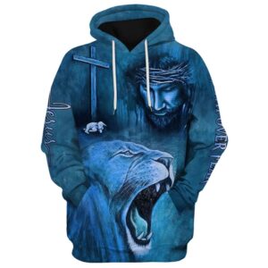 Roaring Blue Lion And Jesus, Faith Over Fear Hoodie For Men & Women, God 3D Printed Hoodie, Christian Apparel Hoodies