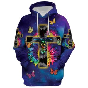 Rainbow Sunflower Butterfly Jesus Cross Hoodie For Men & Women, God 3D Printed Hoodie, Christian Apparel Hoodies