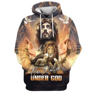 One Nation Under God, Jesus Lion And Lamb Hoodie For Men & Women, God 3D Printed Hoodie, Christian Apparel Hoodies