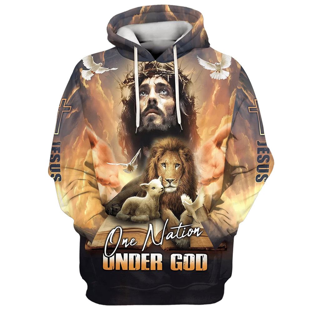 One Nation Under God, Jesus Lion And Lamb Hoodie For Men & Women, God 3D Printed Hoodie, Christian Apparel Hoodies