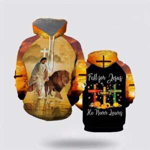 Jesus Walks With Lion Fall For Jesus He Never Leaves 3D Hoodies For Women Men, God 3D Printed Hoodie, Christian Apparel Hoodies