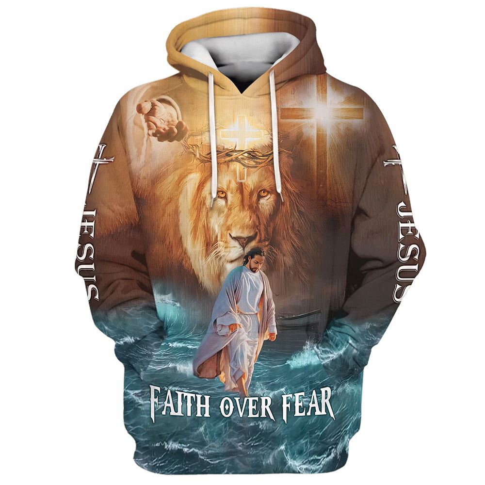 Jesus Walks On Water Faith Over Fear Lion King Hoodies Jesus Hoodie Men & Women, God 3D Printed Hoodie, Christian Apparel Hoodies