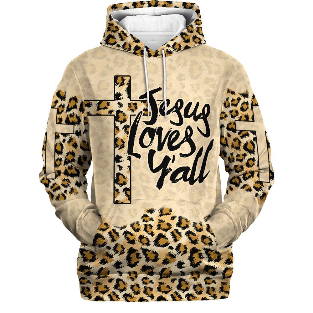 Jesus Loves Y’all Cross Leopard Skin Pattern Hoodies Jesus Hoodie Men & Women, God 3D Printed Hoodie, Christian Apparel Hoodies