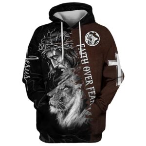 Jesus Crown Of Thorns And Lion Hoodie Faith Over Fear Hoodies Jesus Hoodie Men & Women, God 3D Printed Hoodie, Christian Apparel Hoodies