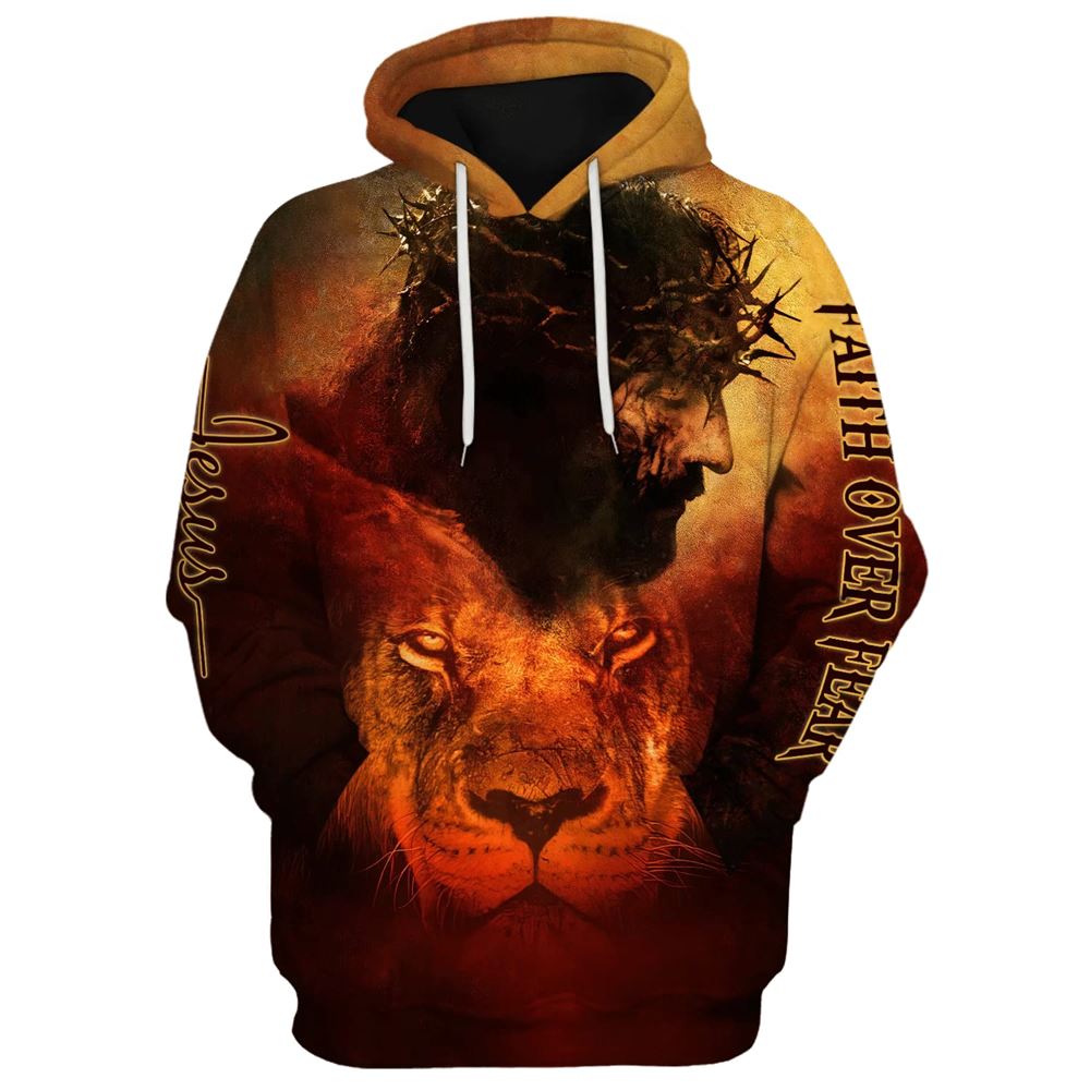 Jesus And Lion 3D Hoodies Faith Over Fear Hoodies Jesus Hoodie Men & Women, God 3D Printed Hoodie, Christian Apparel Hoodies