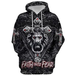 Faith Over Fear, Gothic Lion Black Hoodie For Men & Women, God 3D Printed Hoodie, Christian Apparel Hoodies