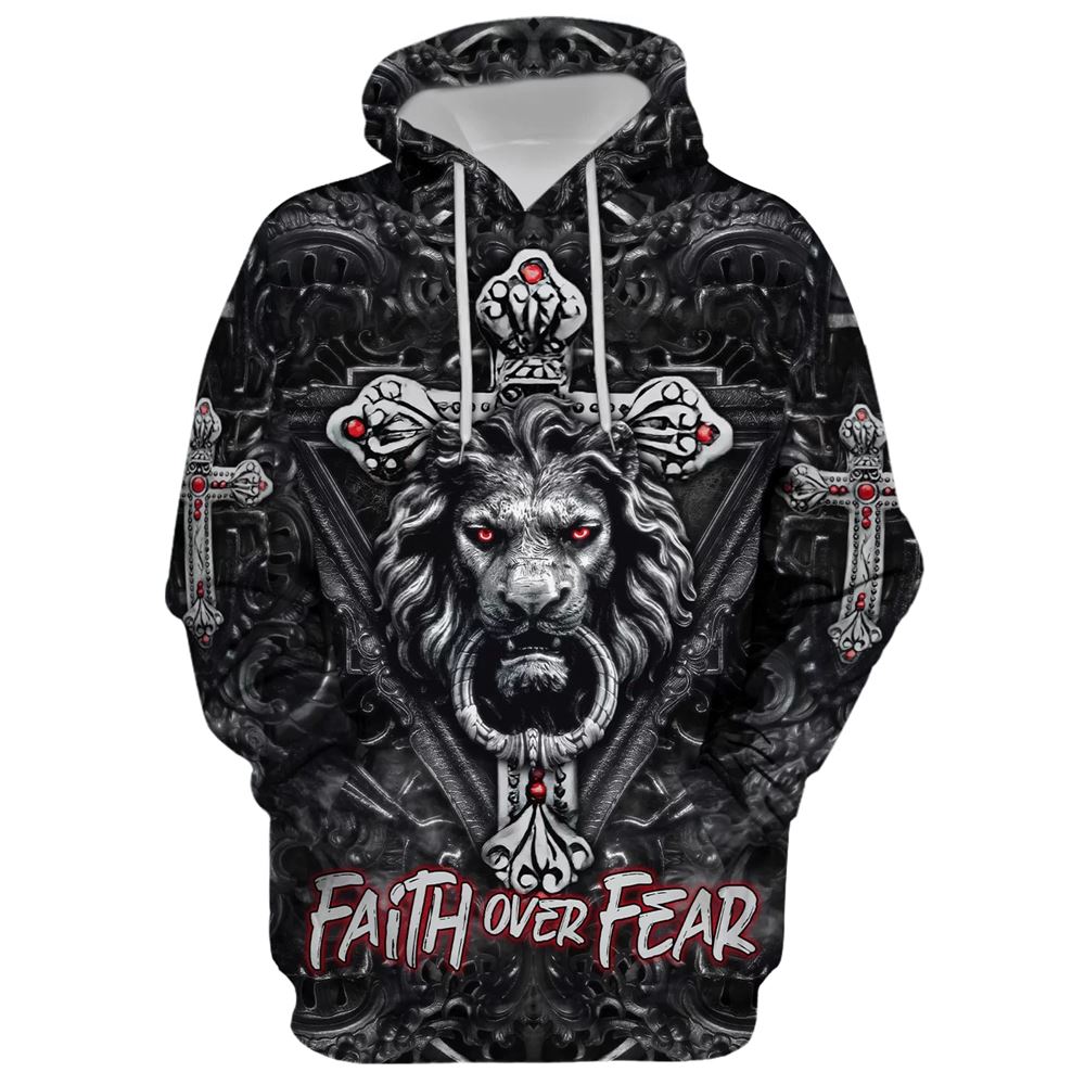 Faith Over Fear, Gothic Lion Black Hoodie For Men & Women, God 3D Printed Hoodie, Christian Apparel Hoodies