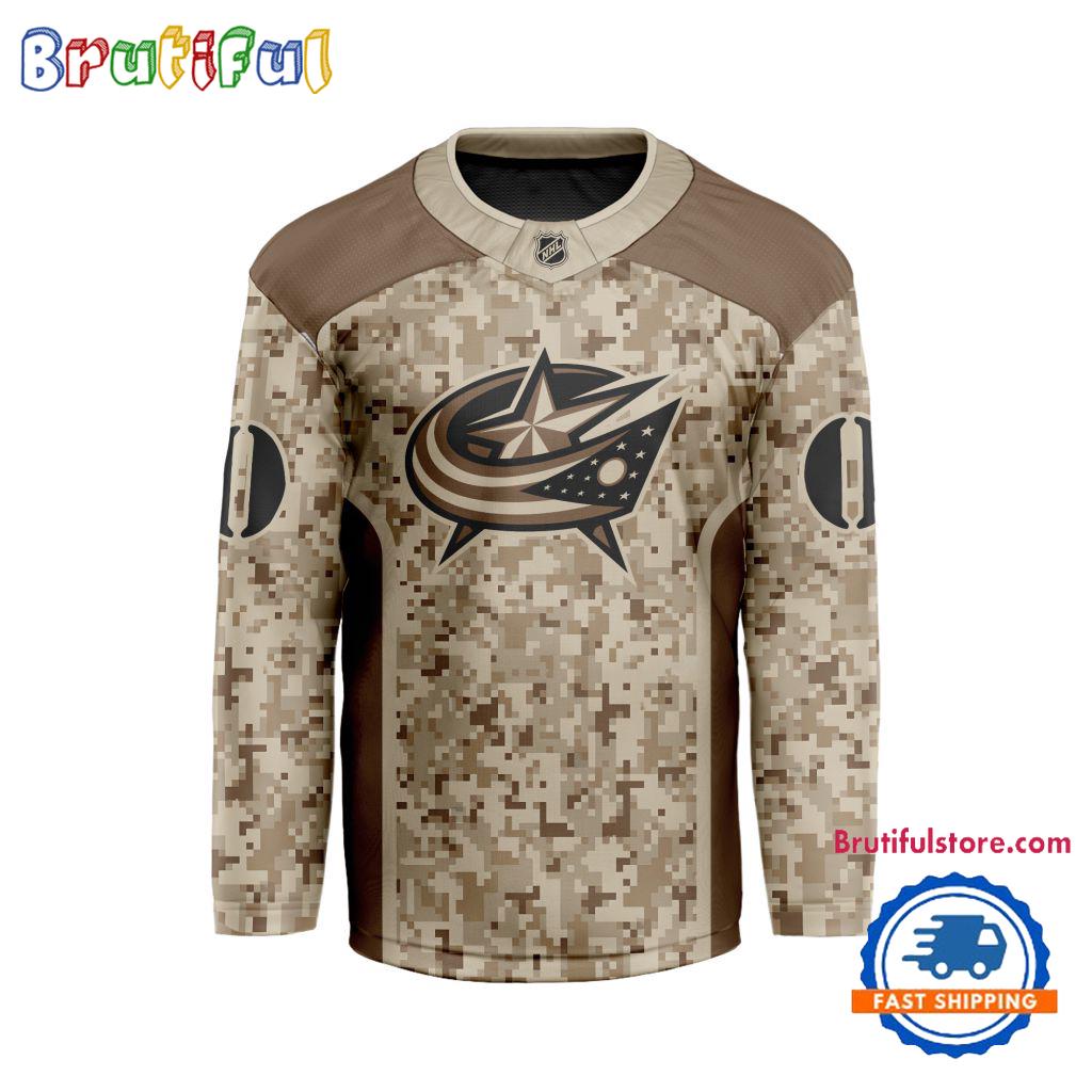 NHL Columbus Blue Jackets Special Veterans Military Desert Camouflage Design Hockey Jersey NHL Columbus Blue Jackets Special Veterans Military Desert Camouflage Design Hockey Jersey