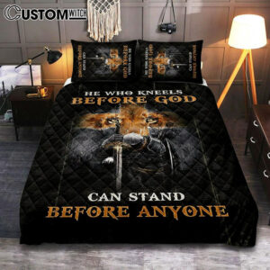 Warrior Lion Cross He Who Kneels Before God Can Stand Before Anyone Quilt Bedding Set Art – Bible Verse Bedroom – Religious Home Decor
