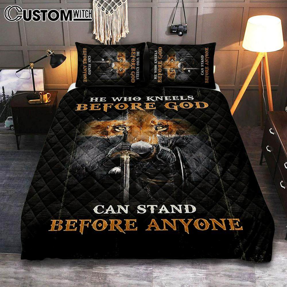 Warrior Lion Cross He Who Kneels Before God Can Stand Before Anyone Quilt Bedding Set Art – Bible Verse Bedroom – Religious Home Decor
