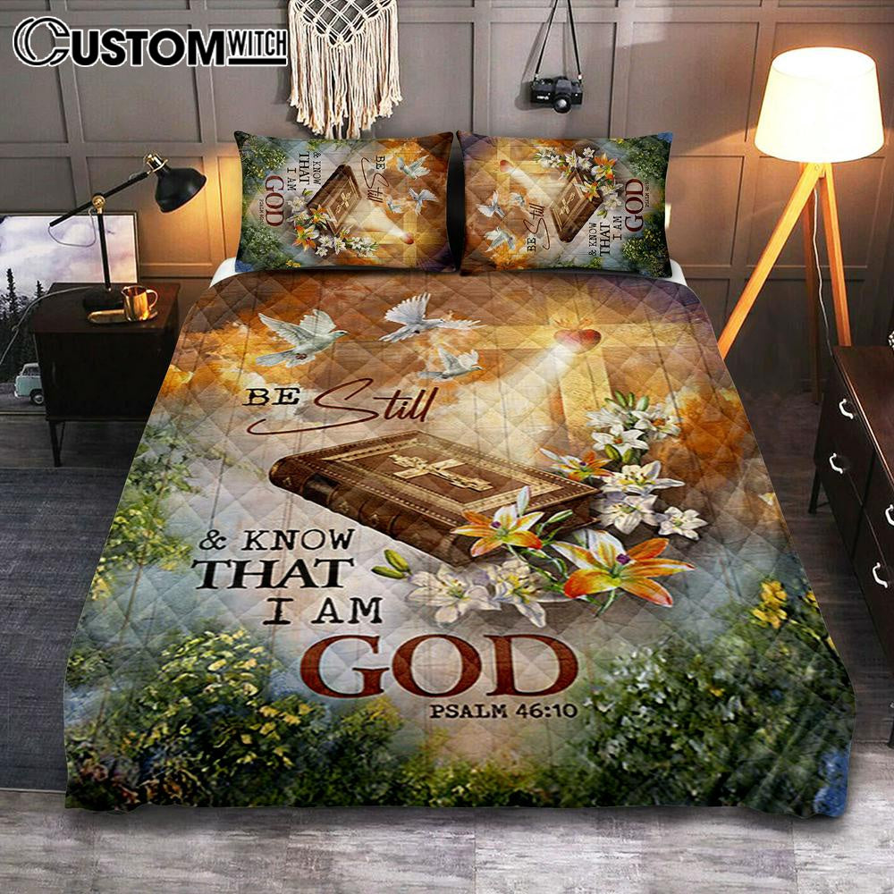 Be Still And Know That I Am God Quilt Bedding Set – Pretty Lily Bible White Dove Quilt Bedding Set Bedroom – Christian Quilt Bedding Set Prints