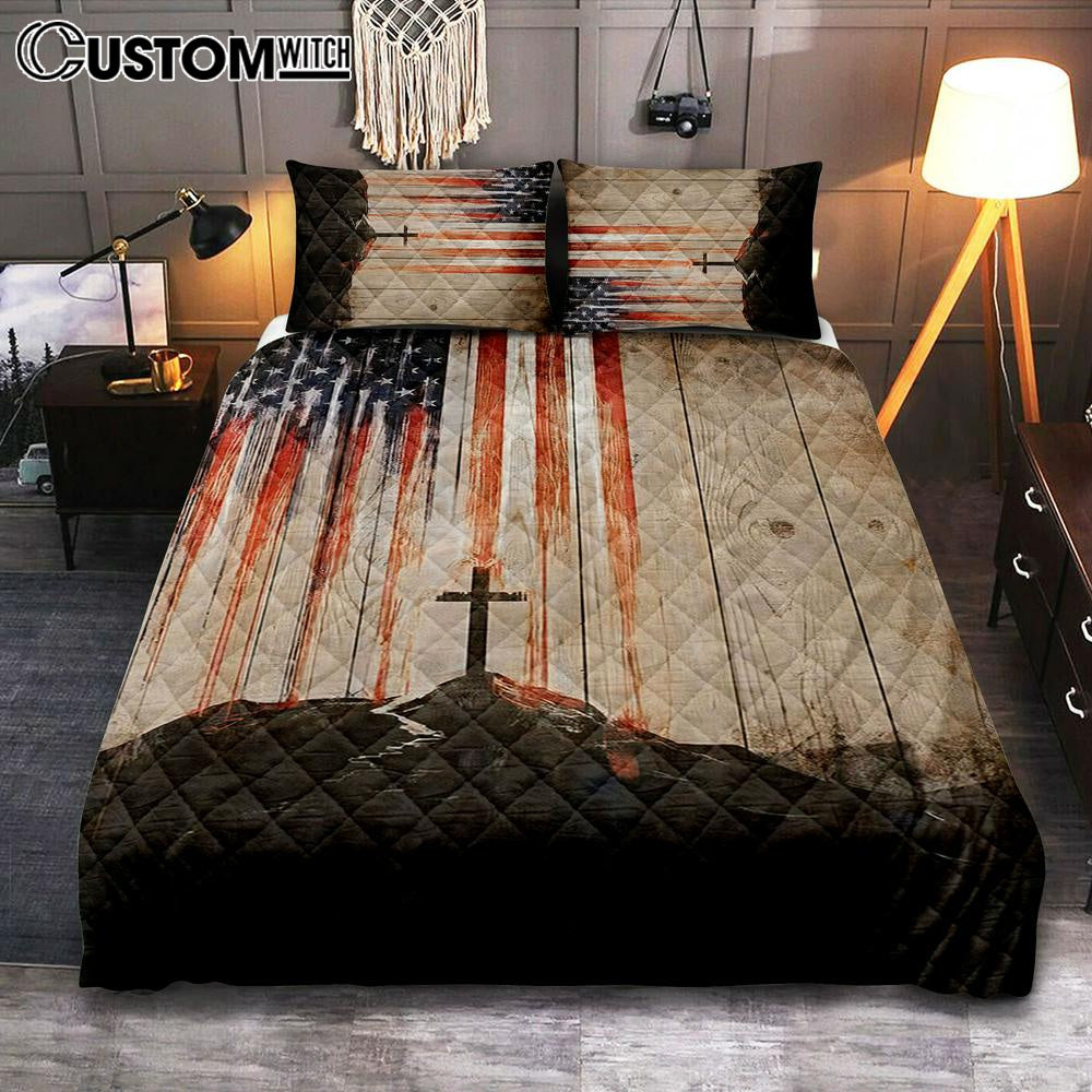 American Flag Cross Quilt Bedding Set Bedroom – Christian Cover Twin Bedding Quilt Bedding Set – Religious Quilt Bedding Set Prints