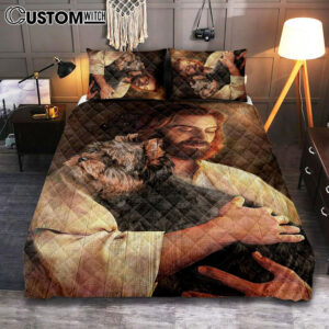 Yorkshire Terrier Dog In His Arms Jesus Quilt Bedding Set Cover Twin Bedding Decor – Christian Bedroom – Gift For Dog Lover