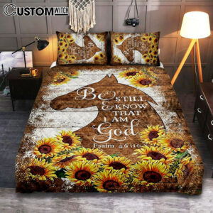 Wooden Horse Sunflower Be Still And Know That I Am God Quilt Bedding Set Art – Christian Art – Bible Verse Bedroom – Religious Home Decor