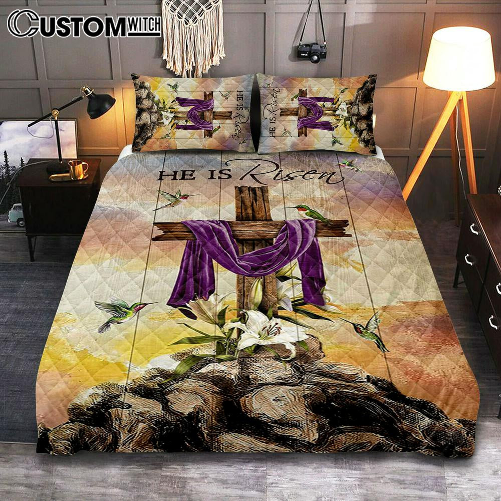 Wooden Cross Lily Flower Hummingbird He Is Risen Quilt Bedding Set Art – Christian Art – Bible Verse Bedroom – Religious Home Decor Wooden Cross Lily Flower Hummingbird He Is Risen Quilt Bedding Set Art – Christian Art – Bible Verse Bedroom – Religious Home Decor